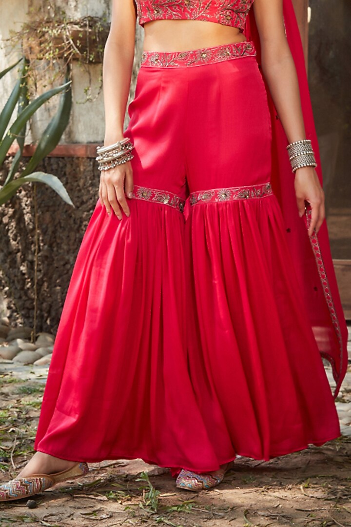 Hot Pink Satin Chiffon Wedding Sharara Set by Bohame at Pernia's Pop Up Shop