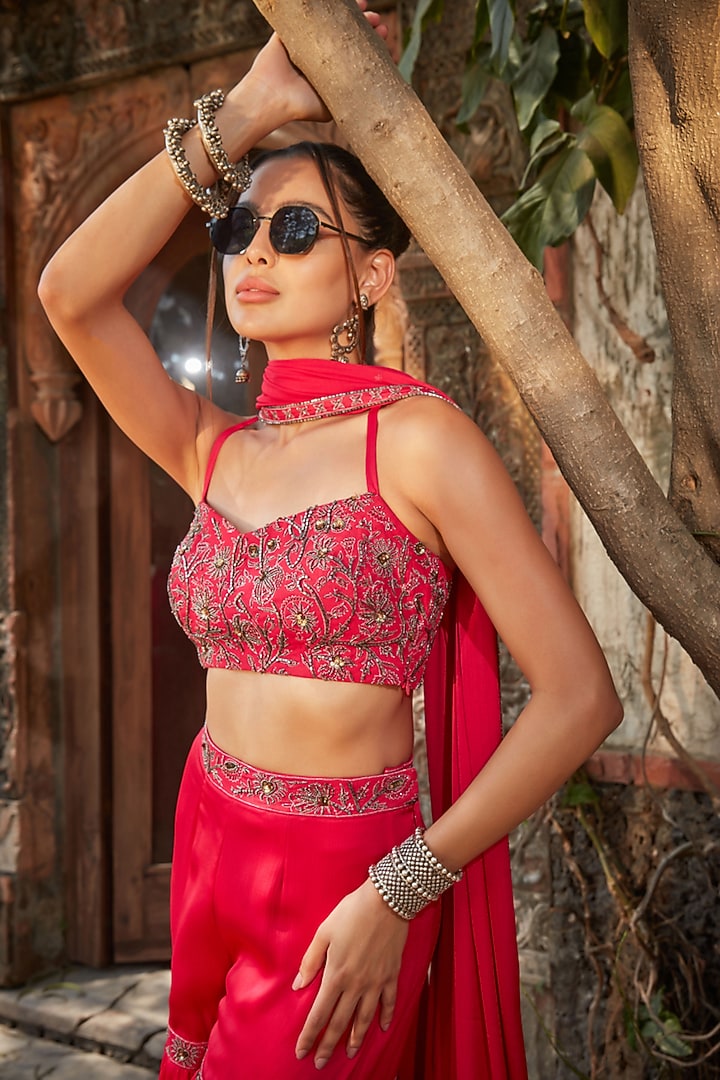 Hot Pink Satin Chiffon Wedding Sharara Set by Bohame at Pernia's Pop Up Shop