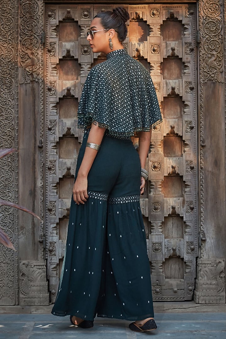 Bottle Green Georgette Chikankari Embroidered Cape Set by Bohame at Pernia's Pop Up Shop