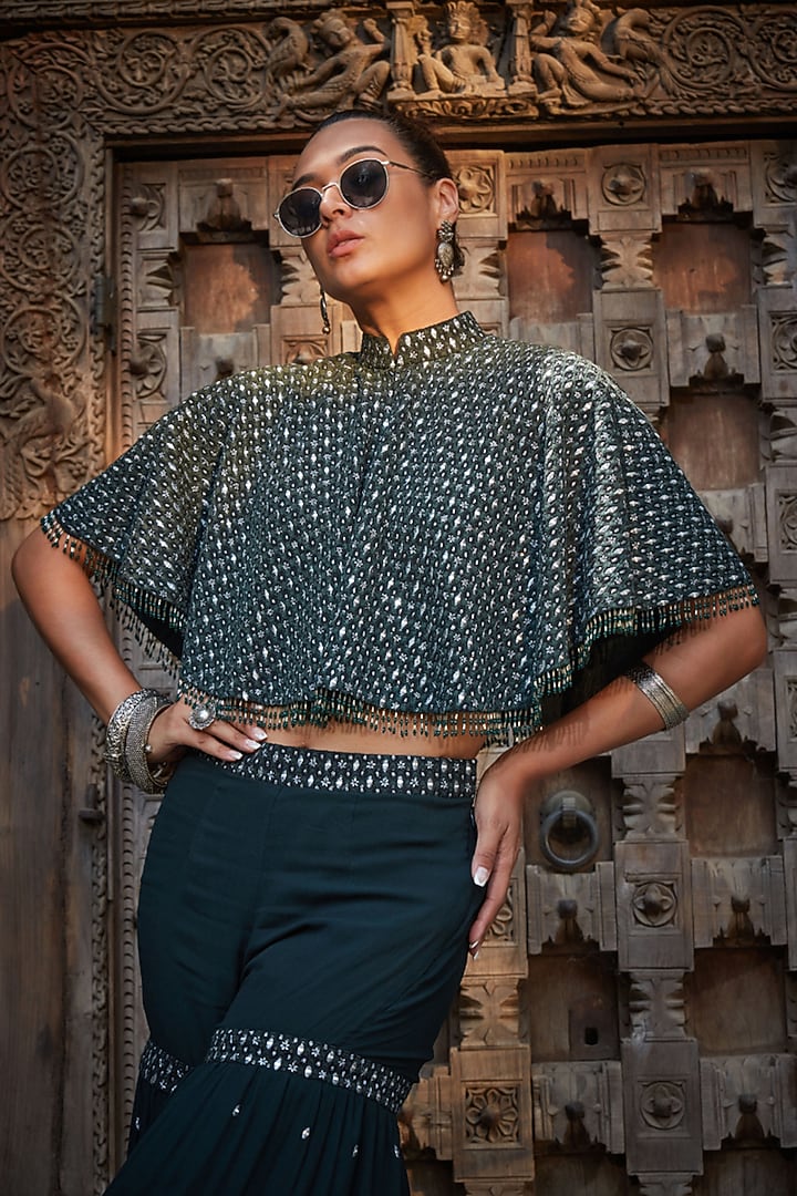 Bottle Green Georgette Chikankari Embroidered Cape Set by Bohame at Pernia's Pop Up Shop