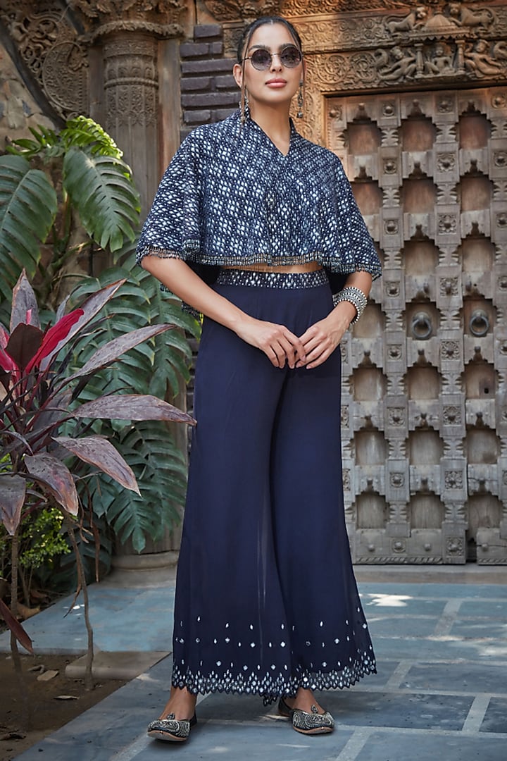 Navy Blue Georgette Chikankari Embroidered Cape Set by Bohame