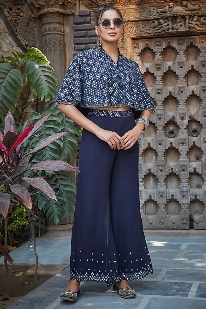 Navy Blue Georgette Chikankari Embroidered Cape Set by Bohame at Pernia's Pop Up Shop