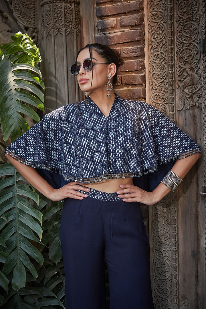 Navy Blue Georgette Chikankari Embroidered Cape Set by Bohame at Pernia's Pop Up Shop