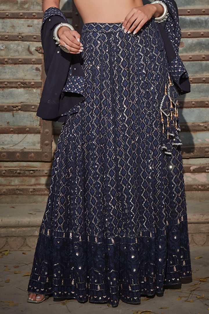 Navy Blue Georgette Chikankari Embroidered Wedding Lehenga Set by Bohame at Pernia's Pop Up Shop