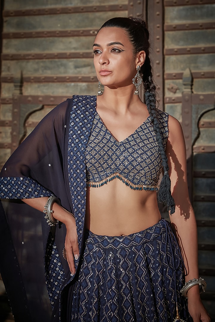 Navy Blue Georgette Chikankari Embroidered Wedding Lehenga Set by Bohame at Pernia's Pop Up Shop