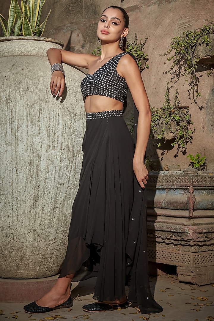 Black Georgette Draped Skirt Saree Set by Bohame
