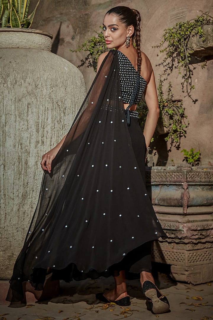 Black Georgette Draped Skirt Party Wear Saree Set by Bohame at Pernia's Pop Up Shop