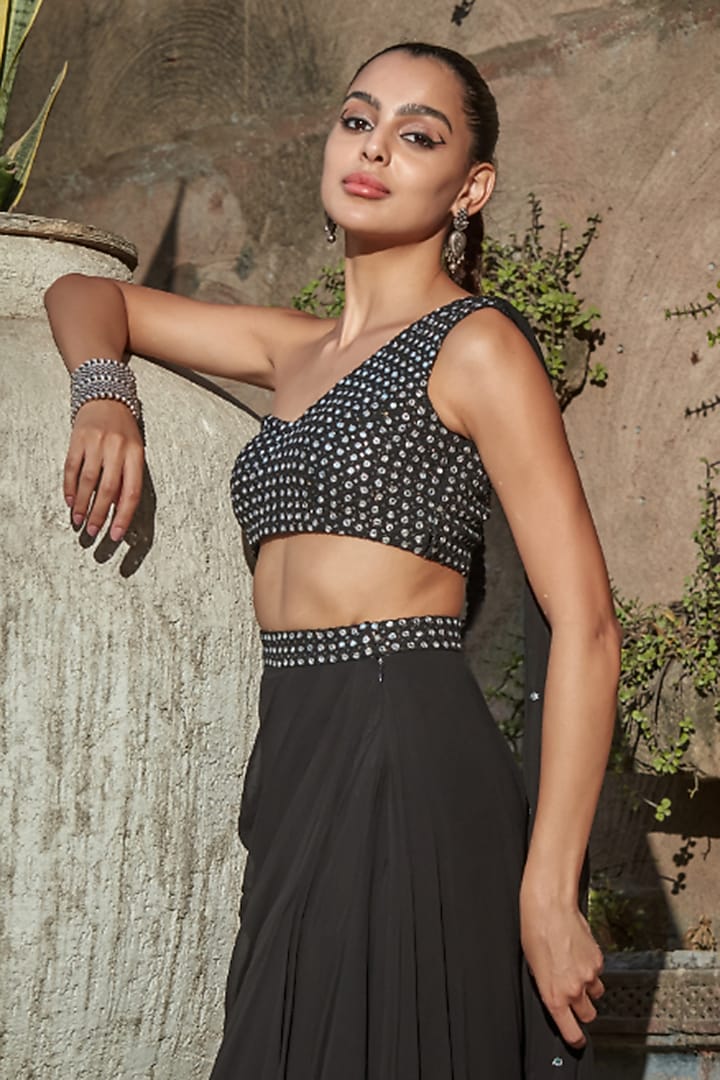 Black Georgette Draped Skirt Party Wear Saree Set by Bohame at Pernia's Pop Up Shop
