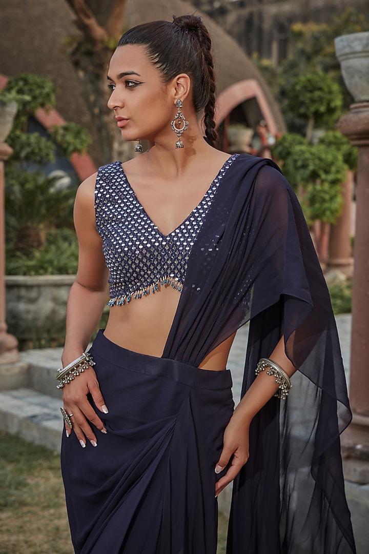 Navy Blue Georgette Draped Skirt Wedding Saree Set by Bohame at Pernia's Pop Up Shop