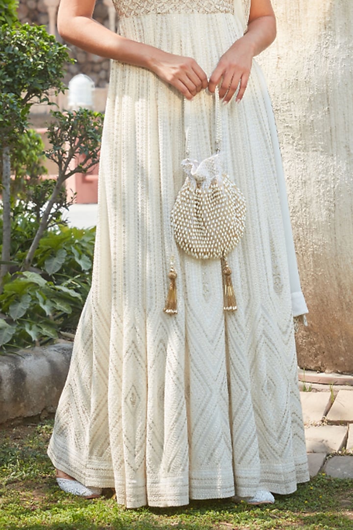 Ivory Georgette Chikankari Embroidered Wedding Anarkali Set by Bohame at Pernia's Pop Up Shop