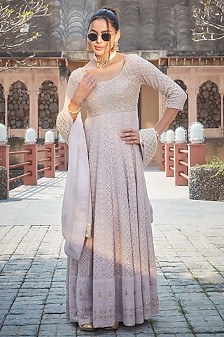 Lilac Georgette Chikankari Embroidered Anarkali Set by Bohame