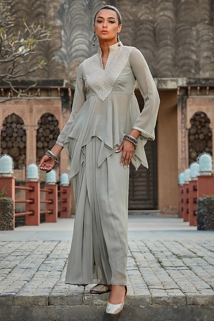 Light Grey Georgette Draped Skirt Set by Bohame at Pernia's Pop Up Shop