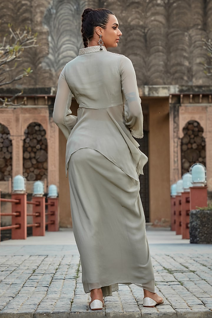 Light Grey Georgette Draped Skirt Set by Bohame at Pernia's Pop Up Shop