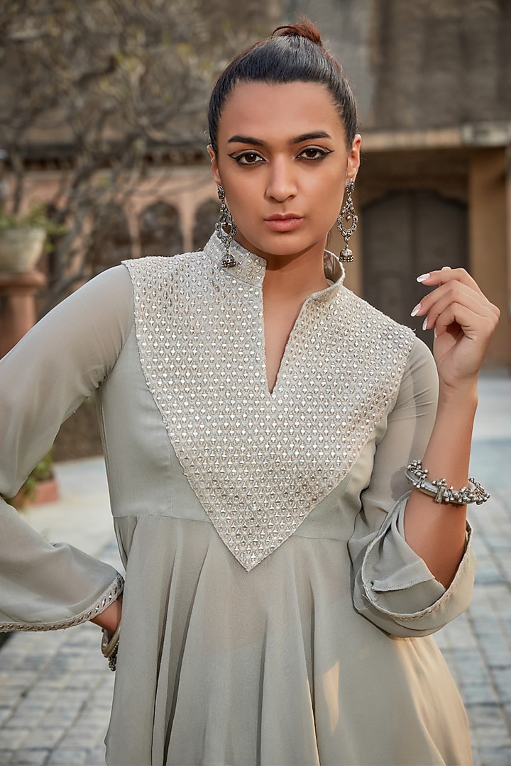 Light Grey Georgette Draped Skirt Set by Bohame at Pernia's Pop Up Shop
