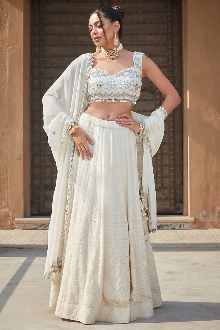 Ivory Georgette Chikankari Embroidered Lehenga Set by Bohame