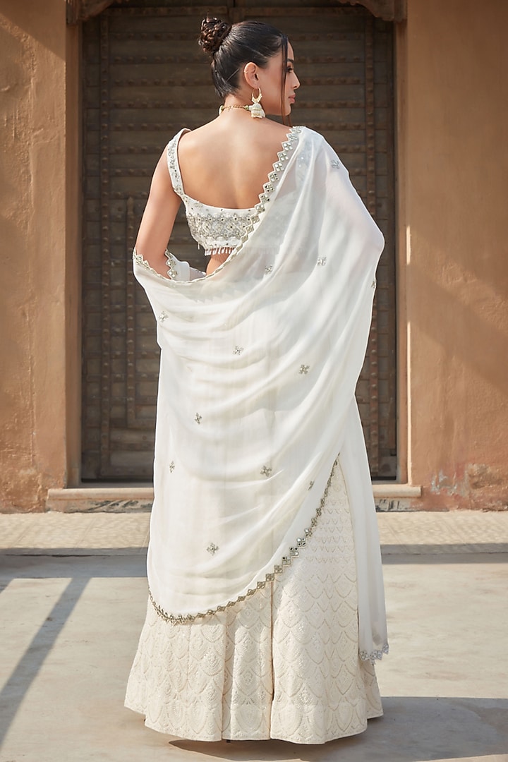 Ivory Georgette Chikankari Embroidered Wedding Lehenga Set by Bohame at Pernia's Pop Up Shop