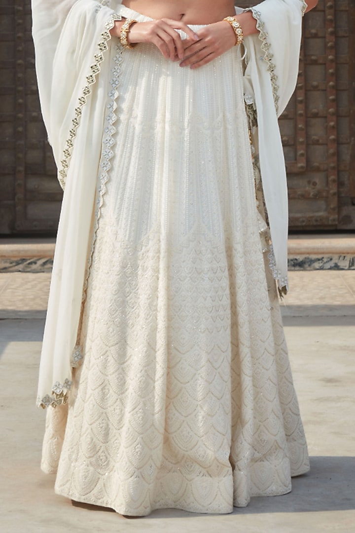 Ivory Georgette Chikankari Embroidered Wedding Lehenga Set by Bohame at Pernia's Pop Up Shop