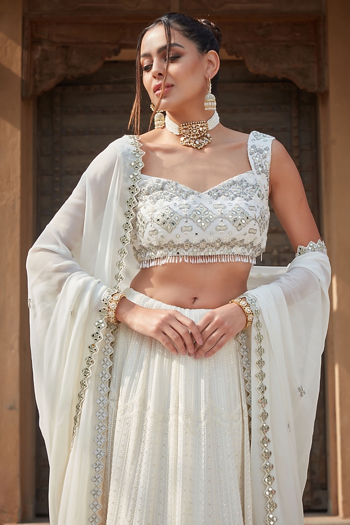 Ivory Georgette Chikankari Embroidered Wedding Lehenga Set by Bohame at Pernia's Pop Up Shop
