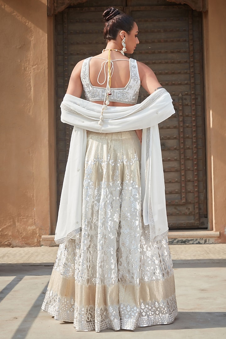 White Georgette Chikankari Embroidered Wedding Lehenga Set by Bohame at Pernia's Pop Up Shop