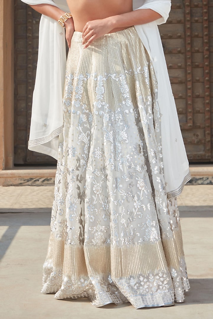 White Georgette Chikankari Embroidered Wedding Lehenga Set by Bohame at Pernia's Pop Up Shop