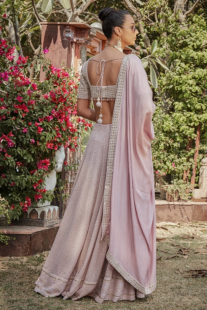Lilac Georgette Chikankari & Mirror Embroidered Wedding Lehenga Set by Bohame at Pernia's Pop Up Shop