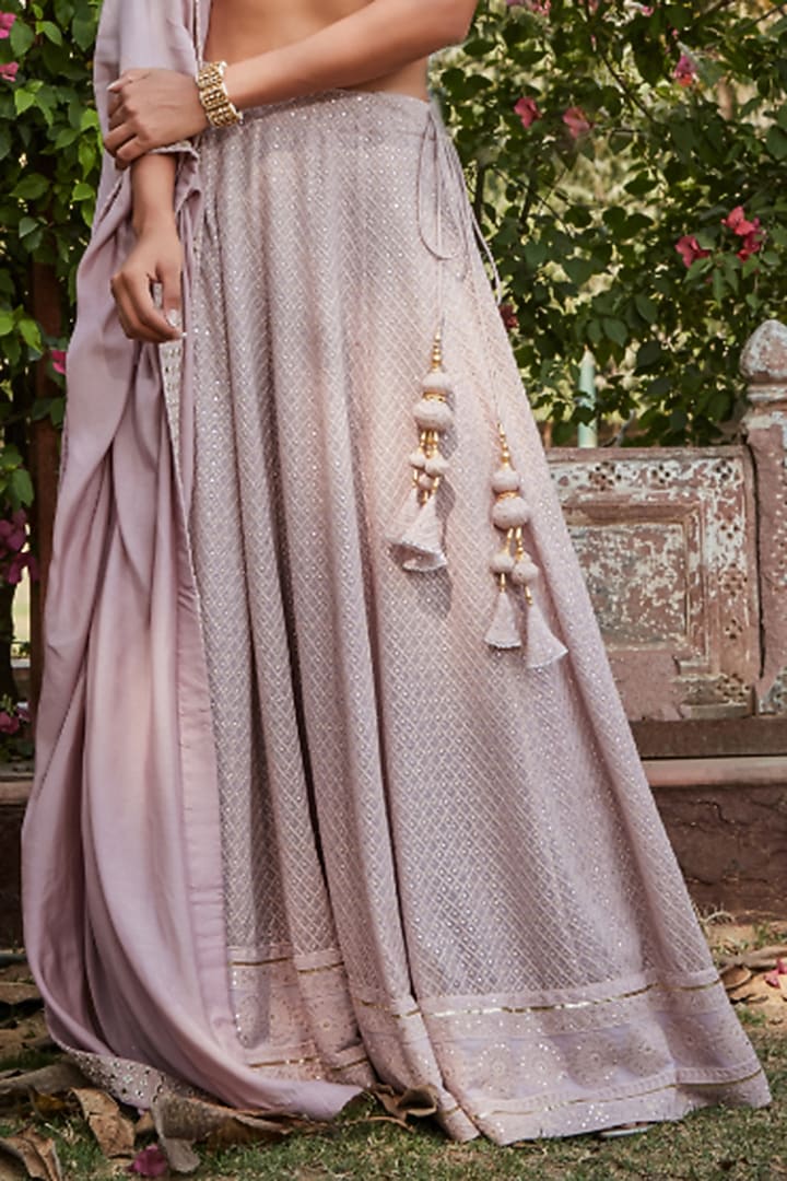 Lilac Georgette Chikankari & Mirror Embroidered Wedding Lehenga Set by Bohame at Pernia's Pop Up Shop