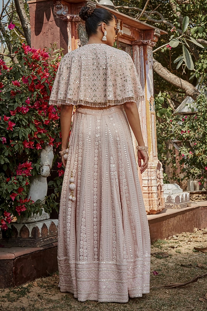Light Pink Georgette Chikankari Embroidered Jacket Wedding Lehenga Set by Bohame at Pernia's Pop Up Shop
