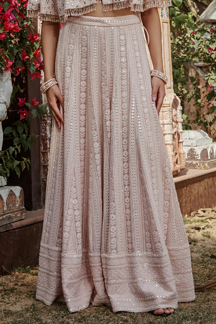 Light Pink Georgette Chikankari Embroidered Jacket Wedding Lehenga Set by Bohame at Pernia's Pop Up Shop