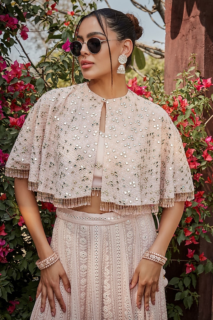 Light Pink Georgette Chikankari Embroidered Jacket Wedding Lehenga Set by Bohame at Pernia's Pop Up Shop