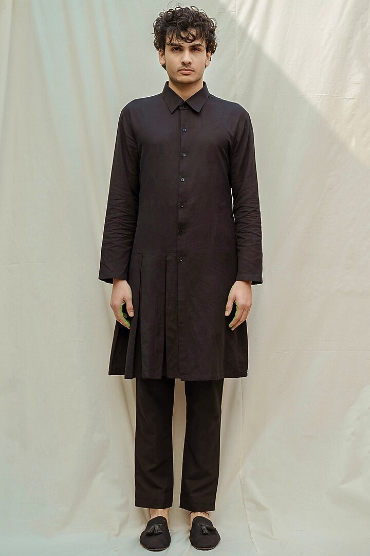 Black Cotton Linen Kurta With Pants by Bohame Men at Pernia's Pop Up Shop