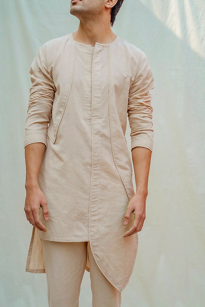 Beige Cotton Linen Kurta With Pants by Bohame Men at Pernia's Pop Up Shop