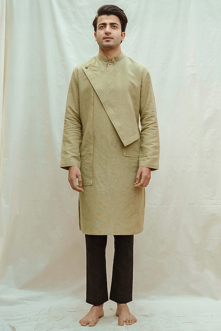 Green Cotton Linen Kurta Set by Bohame Men at Pernia's Pop Up Shop