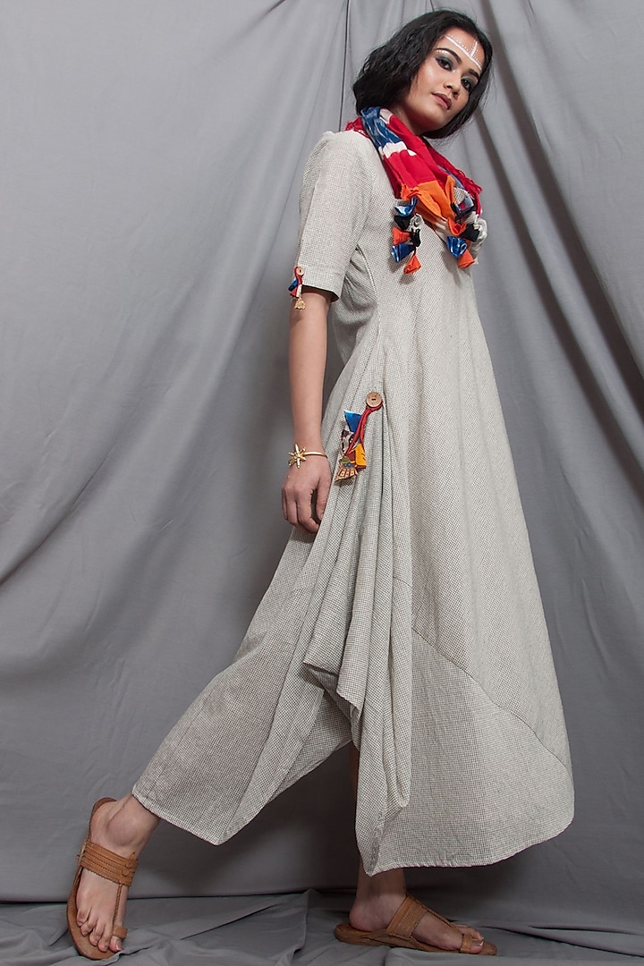 Off White Cowl Dress With Ikat Dupatta by Bohame