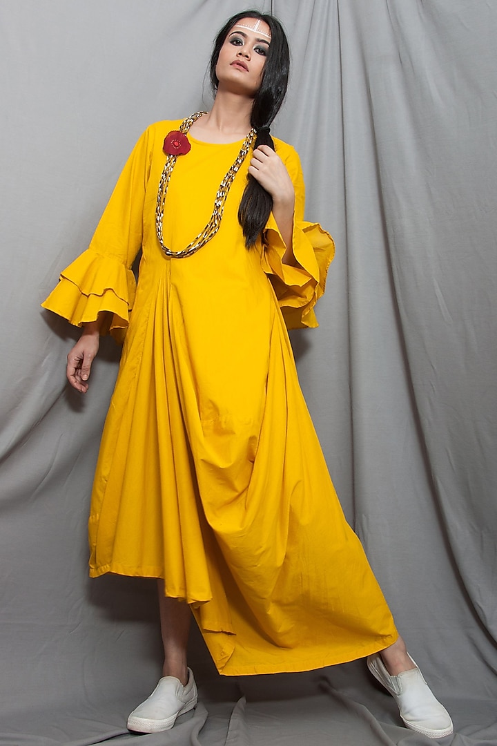 Mustard Cowl Dress With Necklace by Bohame