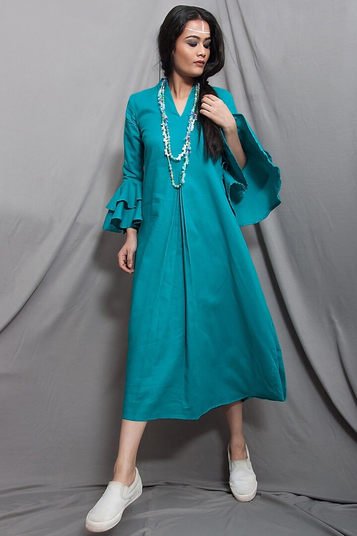 Green Cowl Dress With Necklace by Bohame