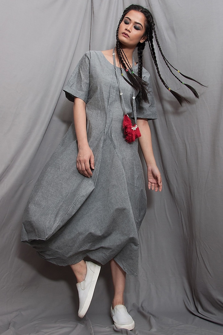 Grey Draped Dress With Necklace by Bohame
