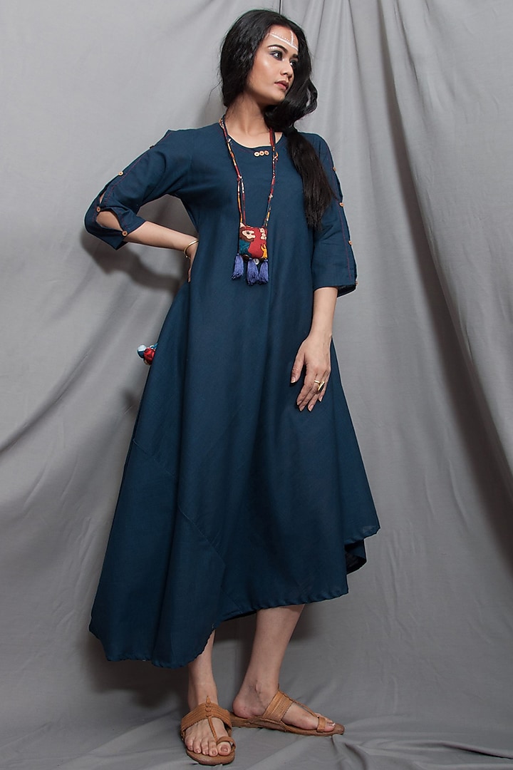 Blue Cowl Dress With Locket Necklace by Bohame