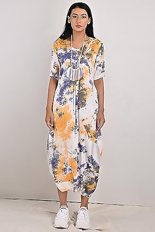 White Tie-Dyed Jumpsuit With Neckpiece by Bohame