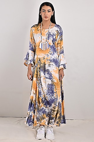 White Tie-Dyed Maxi Dress With Neckpiece by Bohame