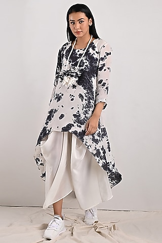 Light Grey Tie-Dyed Dress With Off-White Underlayer by Bohame