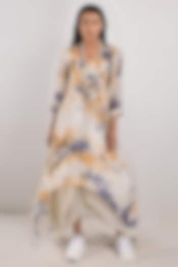 Cream Printed Dress With Off-White Underlayer by Bohame