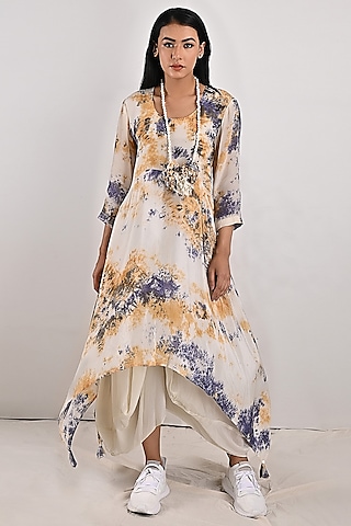 Cream Printed Dress With Off-White Underlayer by Bohame