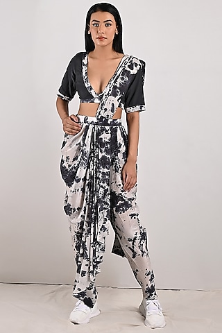 Light Grey Crepe Tie-Dye Printed Draped Pant Saree Set by Bohame