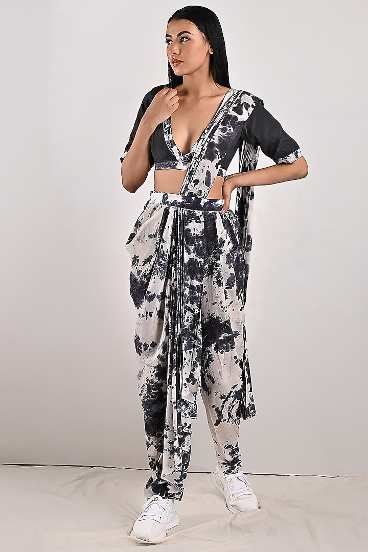 Light Grey Crepe Tie-Dye Printed Draped Pant Party Wear Saree Set by Bohame at Pernia's Pop Up Shop
