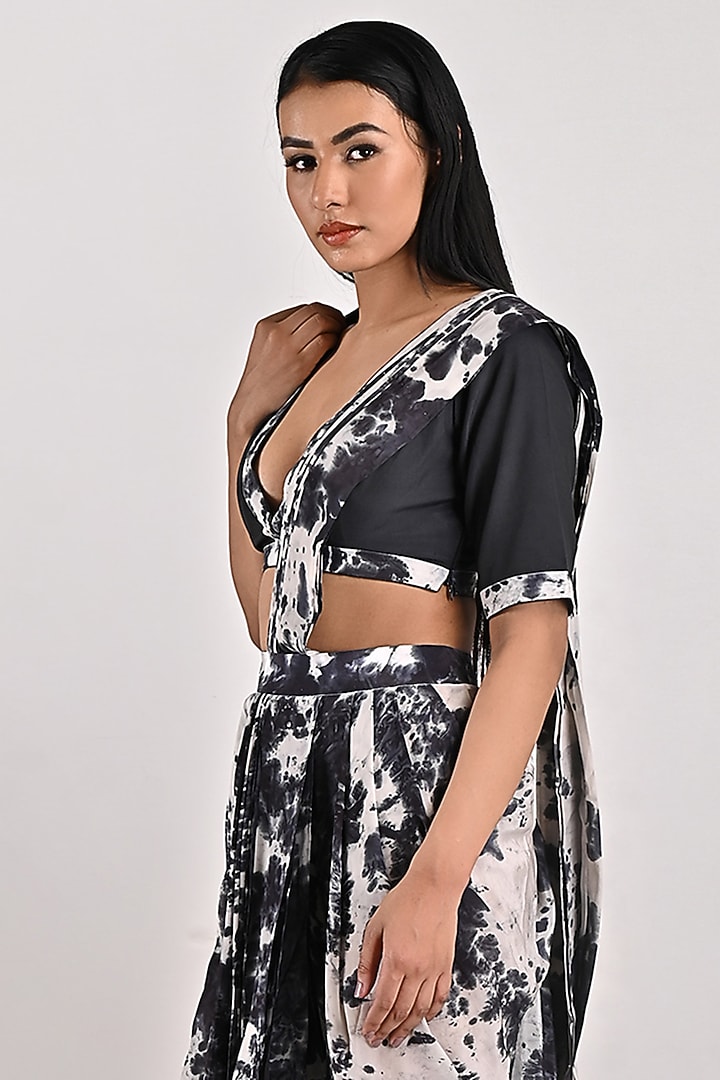 Light Grey Crepe Tie-Dye Printed Draped Pant Party Wear Saree Set by Bohame at Pernia's Pop Up Shop