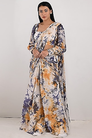 Cream Crepe Tie-Dye Printed Pant Saree Set by Bohame