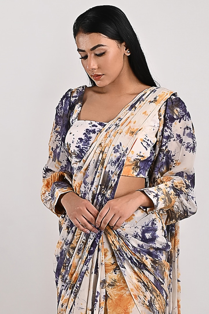 Cream Crepe Tie-Dye Printed Pant Party Wear Saree Set by Bohame at Pernia's Pop Up Shop