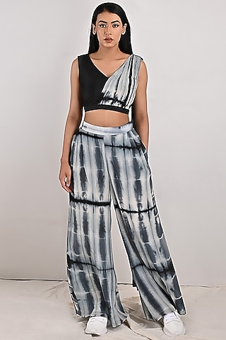 Light Grey Crepe Tie-Dye Printed Draped Pant Saree Set by Bohame