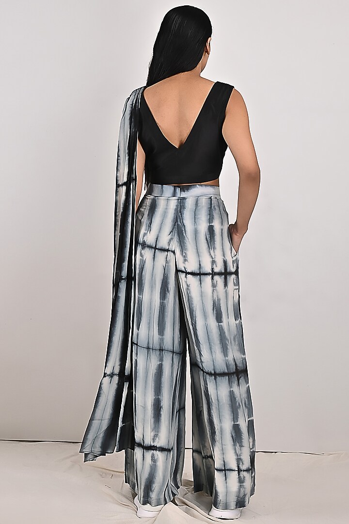 Light Grey Crepe Tie-Dye Printed Draped Pant Party Wear Saree Set by Bohame at Pernia's Pop Up Shop