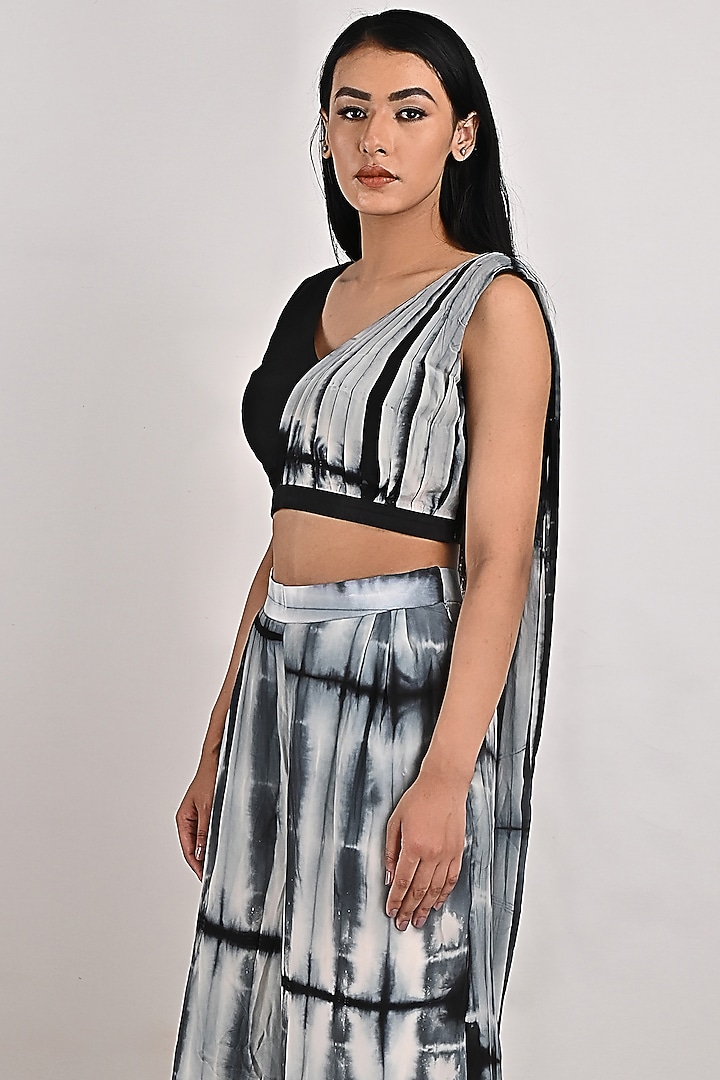 Light Grey Crepe Tie-Dye Printed Draped Pant Party Wear Saree Set by Bohame at Pernia's Pop Up Shop